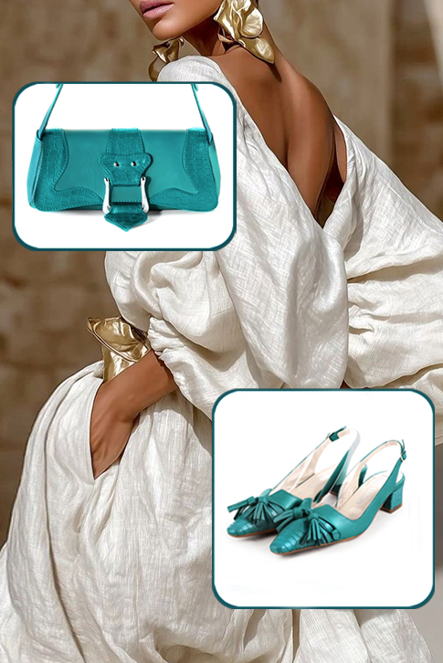 Dress slingback bow heels in turquoise blue leather with kitten heels and tapered toe - Worn view
